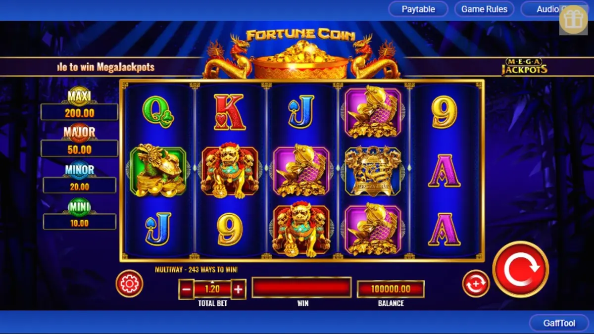 Tampilan visual slot Fortune Coin Mega Jackpot dengan simbol koin emas dan latar belakang istana oriental.